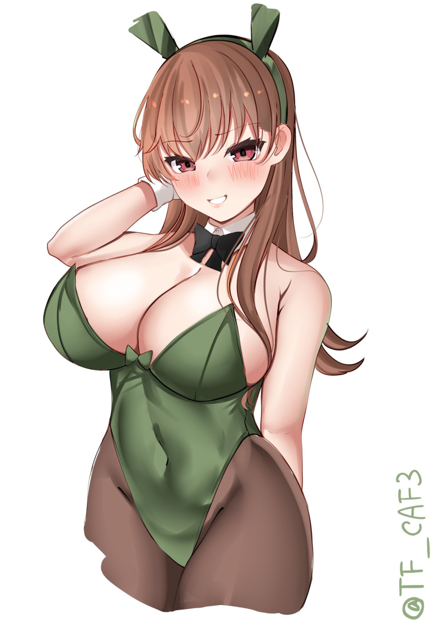 1girl adapted_costume animal_ears blush bow bowtie breasts brown_eyes brown_hair brown_pantyhose cleavage covered_navel detached_collar fake_animal_ears green_leotard highres kantai_collection large_breasts leotard long_hair ooi_(kancolle) pantyhose playboy_bunny rabbit_ears simple_background solo strapless strapless_leotard tf_cafe traditional_bowtie twitter_username white_background wrist_cuffs
