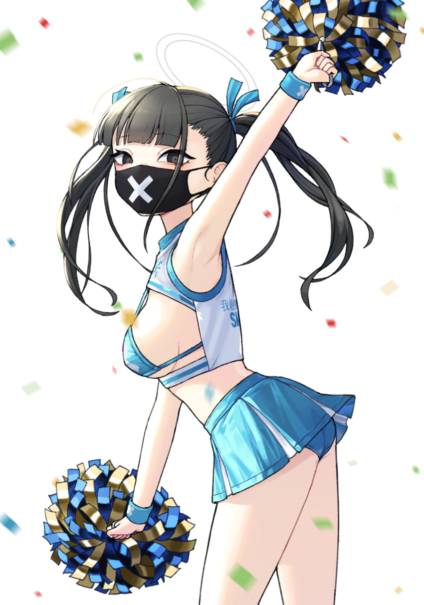 1girl absurdres alternate_costume aqua_panties aqua_shirt aqua_skirt arm_up black_eyes black_hair black_mask blue_archive blunt_bangs breasts cheerleader chuo8008 cropped_shirt highres holding holding_pom_poms mask medium_breasts miniskirt mouth_mask panties pom_pom_(cheerleading) shirt sideboob sideless_outfit skirt solo sukeban_(smg)_(blue_archive) twintails underwear wristband x