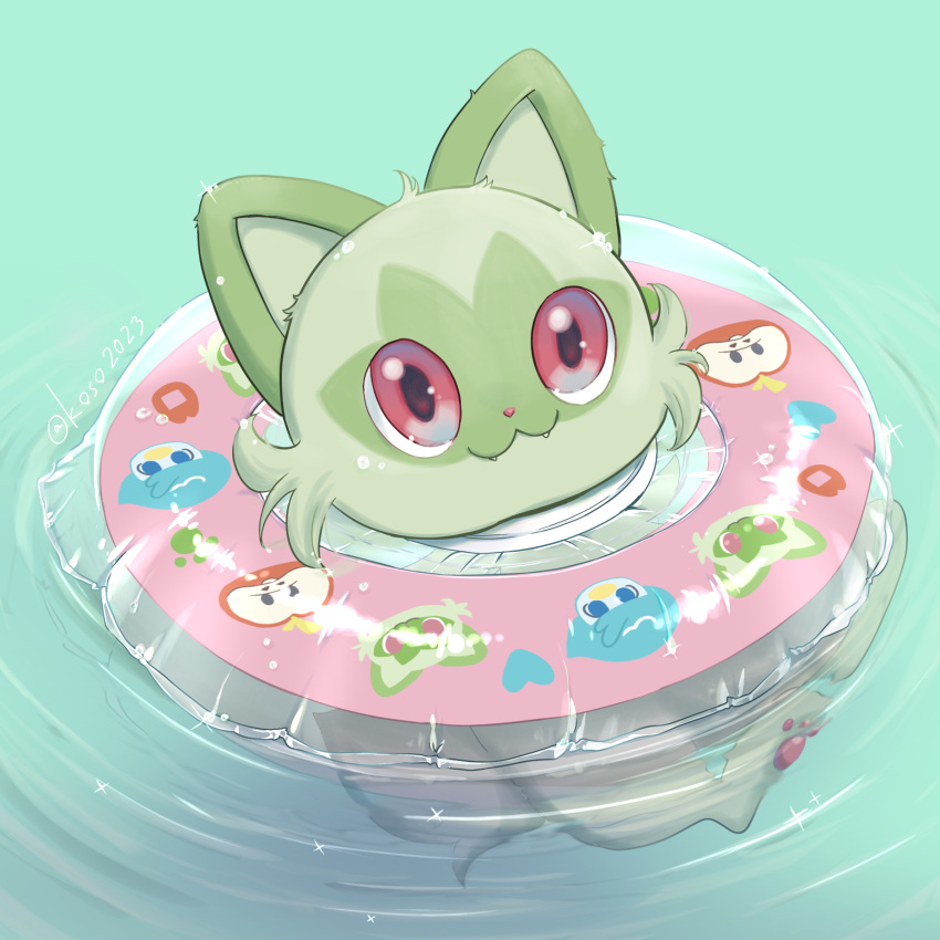 :3 afloat character_print closed_mouth commentary_request fangs fangs_out fuecoco highres innertube koso2023 looking_up no_humans pink_innertube pokemon pokemon_(creature) quaxly red_eyes ripples smile solo sprigatito water