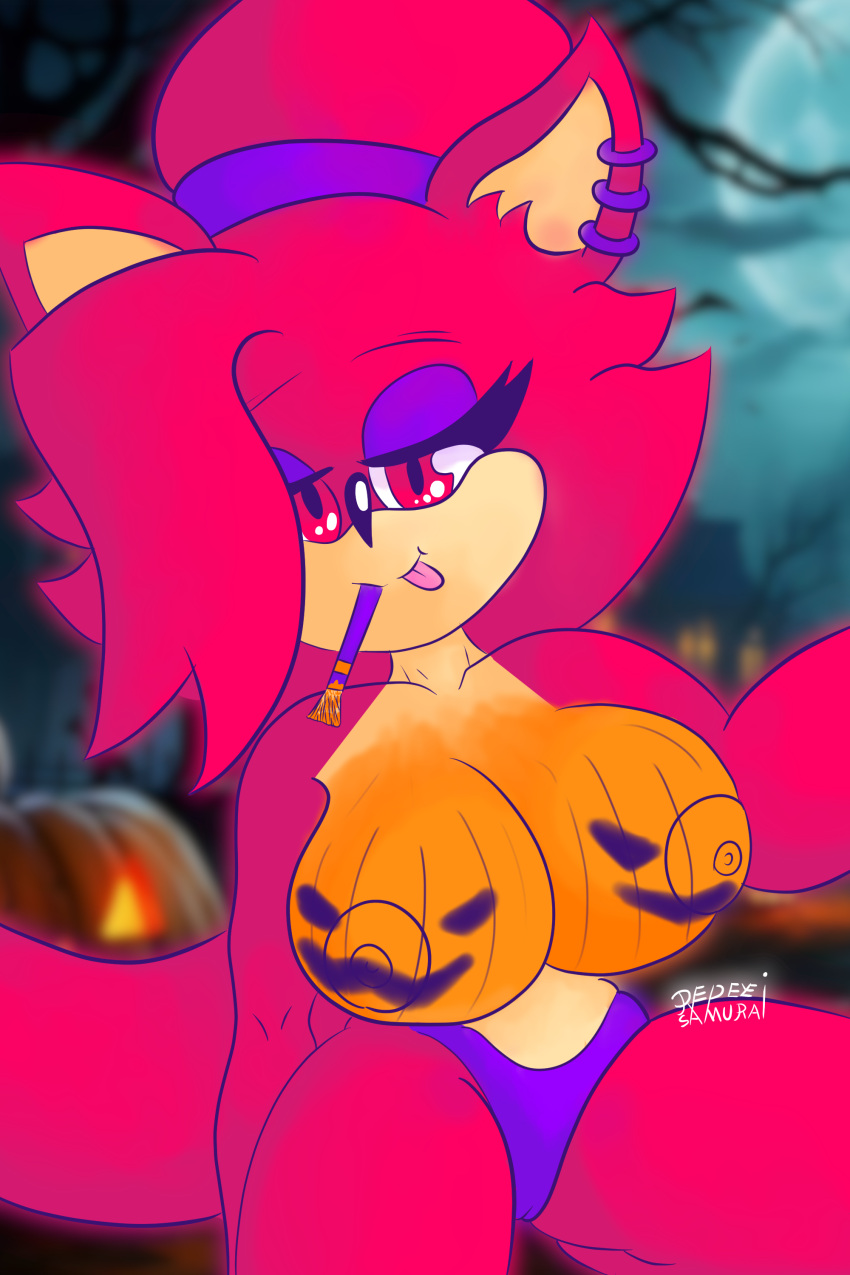 2:3 absurd_res anthro asami_the_cat big_breasts bottomwear breasts camel_toe clothing digital_media_(artwork) drawing ear_piercing fan_character female food fruit fur hair halloween hi_res holidays humanoid long_hair looking_at_viewer nipples paint painting pants piercing plant pose pumpkin red_body red_eyes red_fur red_hair redeye_samurai_(artist) sega smile solo sonic_the_hedgehog_(series)