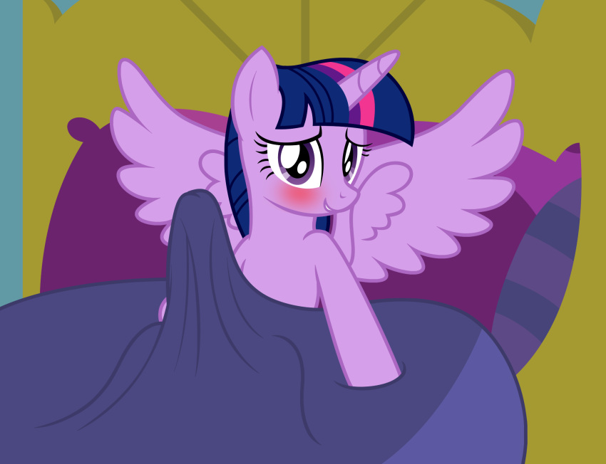 badumsquish bed bedding blanket equid equine erection erection_under_blanket friendship_is_magic fur furniture hair hasbro hi_res horn looking_at_viewer mammal my_little_pony on_bed pink_body pink_fur purple_eyes purple_hair smile twilight_sparkle_(mlp) wing_boner winged_unicorn wings