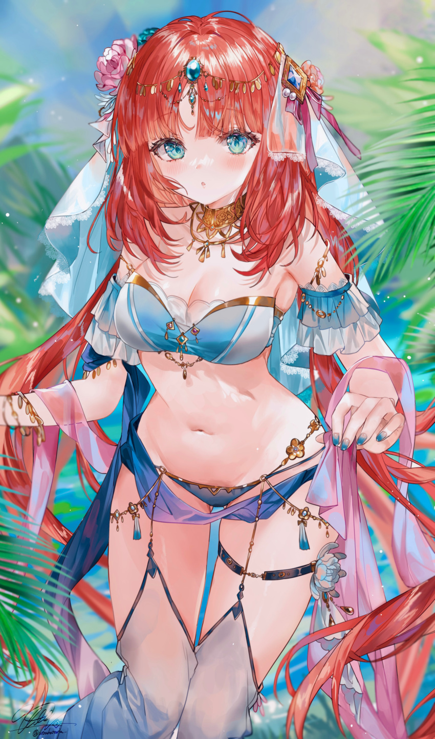 1girl :o absurdres alternate_costume bikini blue_bikini blue_eyes blue_nails breasts cleavage commentary_request feet_out_of_frame flower frills genshin_impact hair_flower hair_ornament highres lace-trimmed_veil lace_trim long_hair looking_at_viewer midriff navel nilou_(genshin_impact) open_mouth parted_bangs pink_flower red_hair shawl signature solo swimsuit thigh_strap thighhighs utsuhostoria veil very_long_hair white_flower white_thighhighs