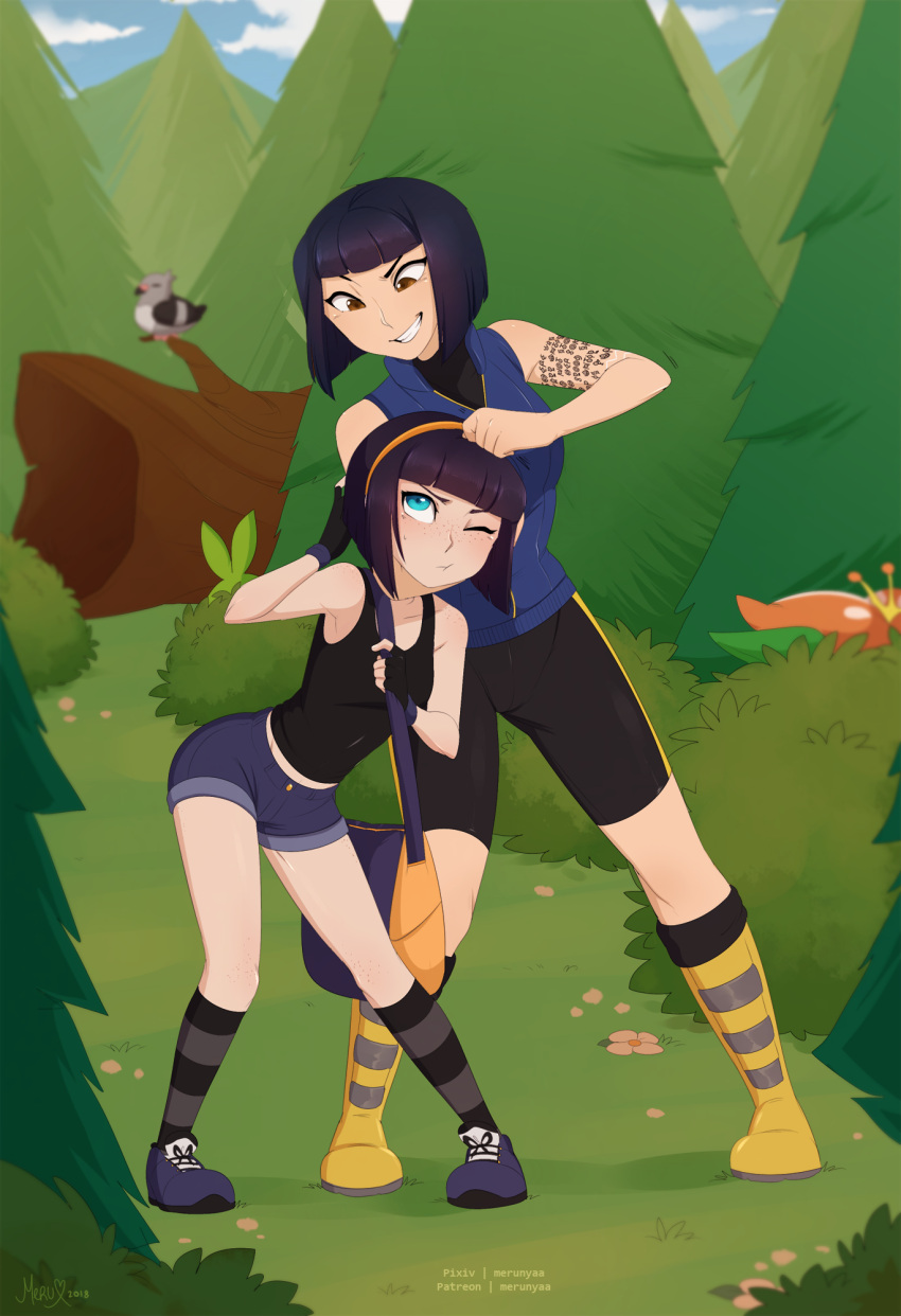 2girls :d :t age_difference annoyed aqua_eyes arm_behind_head arm_tattoo artist_name bad_id bad_pixiv_id bag bare_shoulders bent_over between_breasts bike_shorts bird black_gloves black_hair black_shorts black_socks black_tank_top black_undershirt blue_bag blue_footwear blue_shirt blue_sky blunt_bangs blunt_ends blurry blurry_background boots breasts brown_eyes bush cloud collarbone commentary covered_face day denim denim_shorts depth_of_field english_commentary fingerless_gloves flower foliage forest freckles full_body gloves grass grey_socks grin hairband hand_on_another's_head height_difference hiding highres holding_strap kasia_mikolajczyk kate_mikolajczyk kneehighs leaning_forward lilligant log looking_at_another looking_down looking_up medium_breasts merunyaa messenger_bag midriff_peek multiple_girls nature naughty_face noogie one_eye_closed orange_flower original outdoors patreon_username pidove pigeon-toed pine_tree pink_flower pixiv_username pokemon shirt shoes short_hair short_shorts shorts shoulder_bag siblings single_vertical_stripe sisters sky sleeveless small_breasts smile smirk sneakers socks spread_legs standing strap_between_breasts striped striped_socks swadloon tank_top tattoo teasing tree turtleneck two-tone_bag unownglyphics v-shaped_eyebrows yellow_bag yellow_footwear yellow_hairband