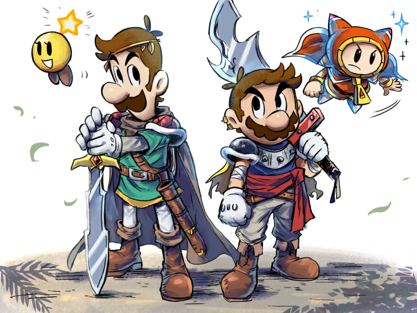 1other 3boys alternate_costume armor brothers brown_hair cape facial_hair floating full_body gloves green_tunic grey_pants highres holding holding_sword holding_weapon layered_sleeves long_sleeves looking_at_another luigi mari_luijiroh mario mario_&amp;_luigi:_dream_team mario_&amp;_luigi_rpg mario_(series) multiple_boys mustache over_shoulder pants pauldrons prince_dreambert short_hair short_over_long_sleeves short_sleeves shoulder_armor siblings simple_background sleeveless standing starlow sword weapon weapon_over_shoulder white_background white_gloves yellow_cape
