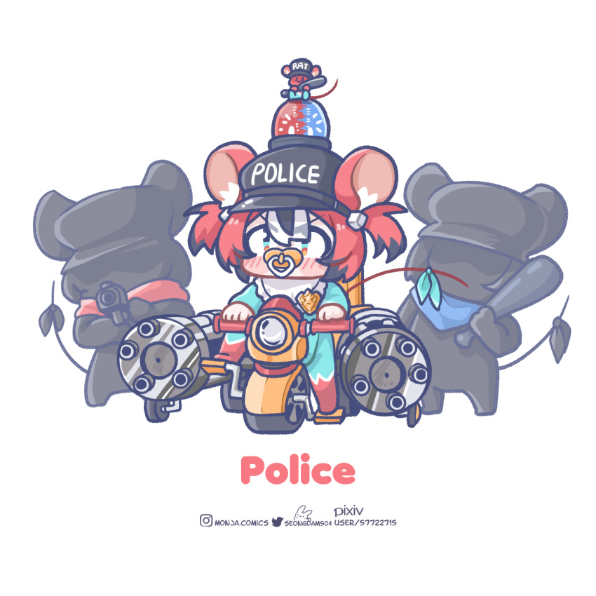 1girl 2others animal_ears black_hair blush_stickers bow chibi colored_tips commentary english_commentary english_text gatling_gun hakos_baelz highres hololive hololive_english instagram_username monja_(monja0521) mouse_ears mouse_girl mouse_tail mr._squeaks_(hakos_baelz) multicolored_hair multiple_others onesie pacifier pixiv_username red_hair riding_tricycle simple_background solo_focus streaked_hair tail tail_bow tail_ornament tricycle twintails twitter_username v-shaped_eyebrows virtual_youtuber white_background white_hair