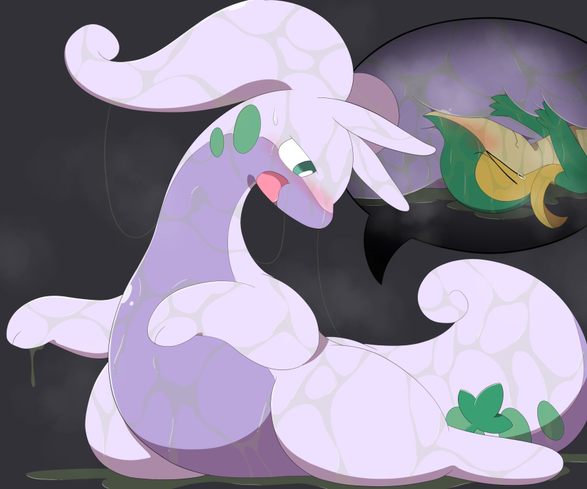 2023 6:5 belly blush bodily_fluids duo eyes_closed facesitting fluid_on_face generation_5_pokemon generation_6_pokemon genital_fluids goodra green_body green_eyes green_tail hi_res markings multicolored_body nintendo open_mouth parupoke pink_body pokemon pokemon_(species) purple_belly purple_body pussy_juice simple_background sitting_on_another snivy tail tongue wet wet_body yellow_eyelids