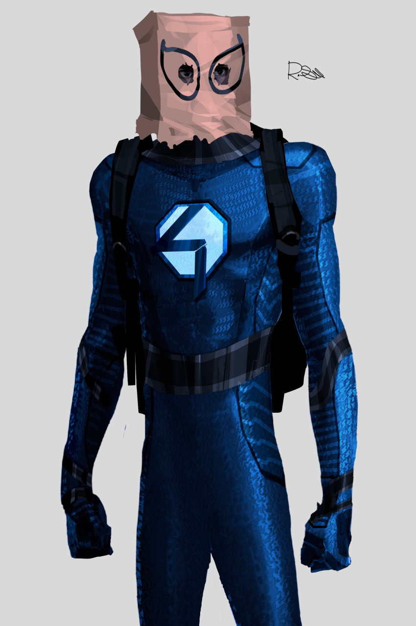 1boy absurdres backpack bag bag_on_head blue_bodysuit blue_suit bodysuit fantastic_four highres marvel mask rxzarx signature simple_background solo spider-man spider-man_(series) standing suit