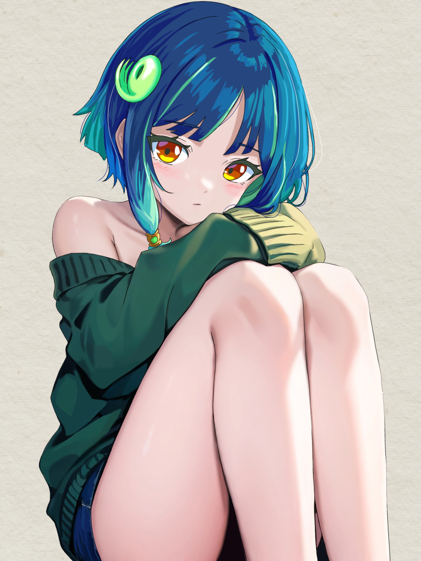 1girl bare_shoulders blue_hair blush brown_eyes character_request denim denim_shorts green_hair grey_background hair_ornament highres looking_at_viewer monster_strike multicolored_hair off-shoulder_sweater off_shoulder short_shorts shorts simple_background sleeves_past_fingers sleeves_past_wrists solo streaked_hair sweater zenbrush2