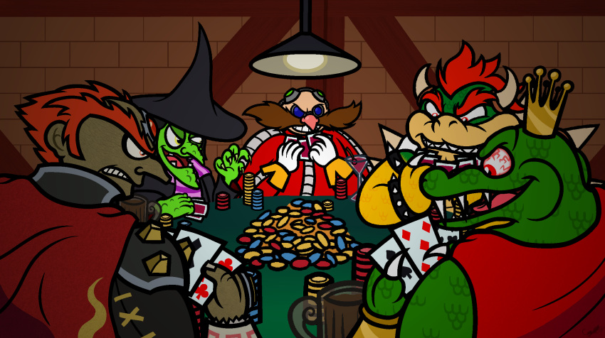 2023 anthro banjo-kazooie beverage bowser captainquack64 card clothing container crocodilian crossover crown cup donkey_kong_(series) dr._eggman female ganondorf gerudo group hat headgear headwear hi_res human king_k._rool koopa kremling magic_user male mammal mario_bros nintendo playing_card poker poker_chip rareware reptile scalie sega sonic_the_hedgehog_(series) the_legend_of_zelda toony witch witch_hat