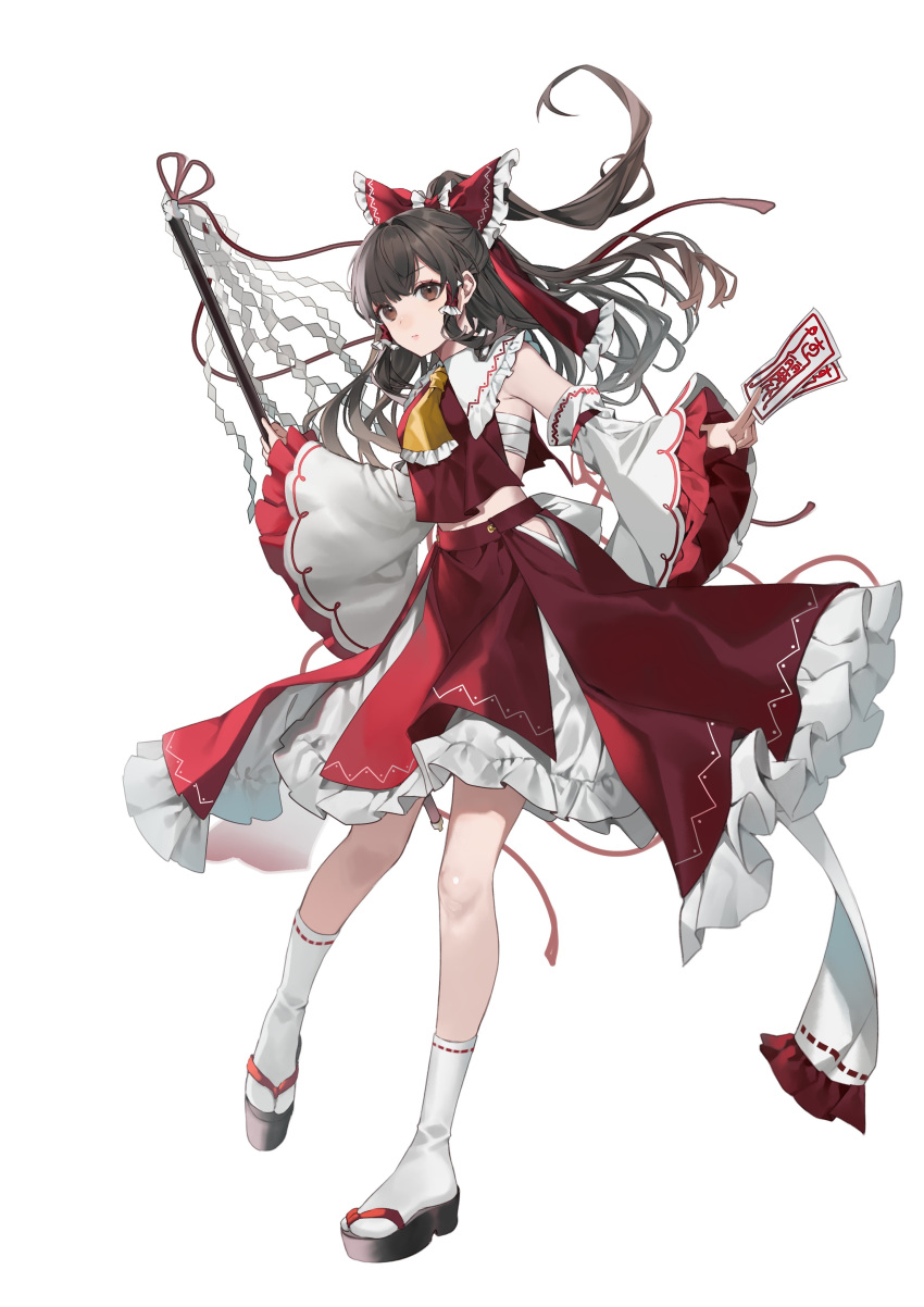 1girl absurdres ascot bare_shoulders black_footwear bow brown_eyes brown_hair daimaou_ruaeru detached_sleeves frills full_body gohei hair_bow hair_tubes hakurei_reimu highres holding holding_gohei japanese_clothes long_hair looking_at_viewer nontraditional_miko ofuda red_bow red_skirt sandals sarashi sidelocks skirt socks solo tabi touhou white_background white_sleeves white_socks wide_sleeves yellow_ascot