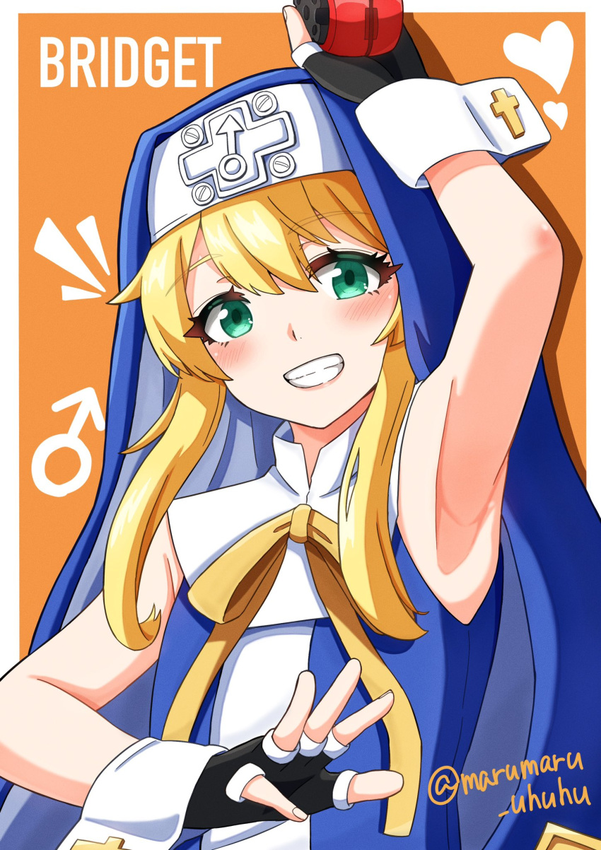 1boy armpits black_gloves blonde_hair blue_dress bridget_(guilty_gear) character_name cuffs dress fingerless_gloves gloves green_eyes grin guilty_gear guilty_gear_xx habit highres looking_at_viewer male_focus mars_symbol marumaru_uhuhu nun otoko_no_ko ribbon short_hair_with_long_locks smile yellow_ribbon yo-yo