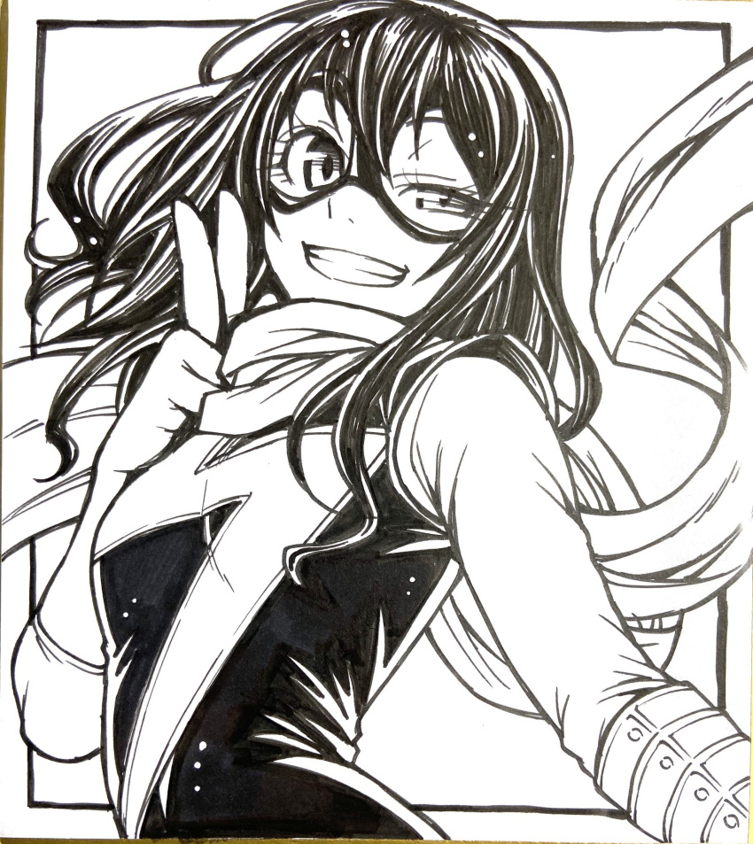 1girl animification breasts chiba_toshirou commentary_request domino_mask elbow_gloves gloves greyscale grin half-closed_eye highres kamala_khan marker_(medium) marvel mask monochrome ms._marvel scarf small_breasts smile solo superhero traditional_media upper_body v