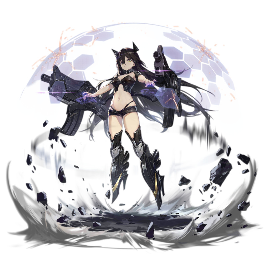 &gt;:( 1girl arm_armor armor ass_visible_through_thighs bare_shoulders black_choker black_footwear black_hair black_shorts boots breasts choker cleavage crop_top crossed_bangs debris energy_barrier energy_shield floating frown full_body girls'_frontline greaves gun hair_between_eyes headgear high_heel_boots high_heels highres honeycomb_(pattern) judge_(girls'_frontline) long_hair looking_at_viewer medium_breasts micro_shorts midriff motion_blur navel official_art outstretched_arms rock sangvis_ferri shorts shoulder_cannon simple_background smoke solo sparks spread_arms strapless suspender_shorts suspenders third-party_source transparent_background v-shaped_eyebrows very_long_hair weapon xiao_qiang_sang yellow_eyes