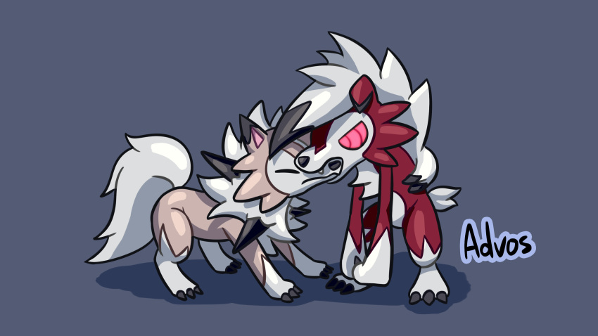 3_fingers 3_toes absurd_res advos ambiguous_gender anthro artist_name bitting black_nose canid canine claws digital_media_(artwork) duo eyes_closed feet feral fingers fur generation_7_pokemon hair hi_res lycanroc mammal midday_lycanroc midnight_lycanroc nintendo open_mouth pokemon pokemon_(species) red_body red_fur simple_background toes white_body white_fur