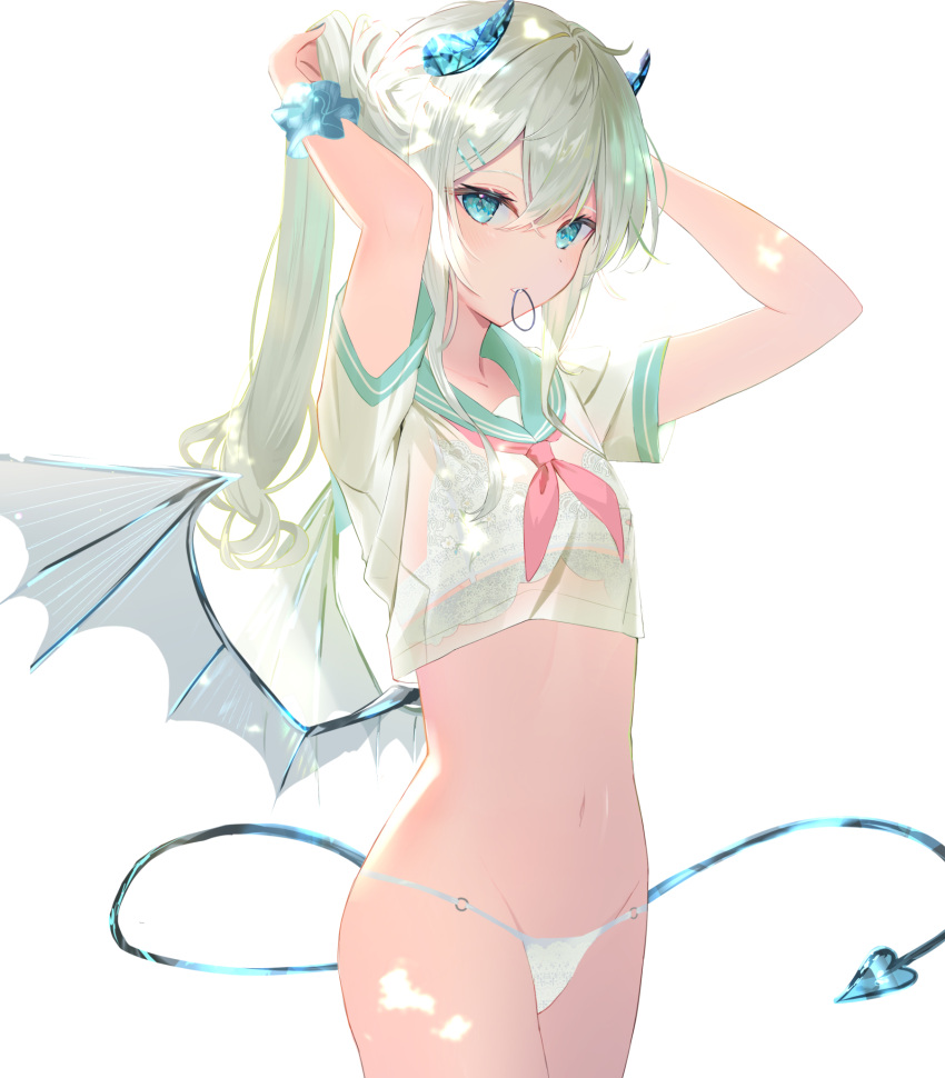 1girl arms_behind_head arms_up black_bra bra bra_visible_through_clothes cowboy_shot crop_top demon_horns demon_tail demon_wings hair_tie_in_mouth highres horns lingerie long_hair looking_at_viewer mouth_hold navel neckerchief no_pants omelet_tomato original panties sailor_collar sailor_shirt scrunchie see-through shirt short_sleeves simple_background solo stomach string_panties tail tying_hair underwear white_background white_hair white_shirt wings wrist_scrunchie