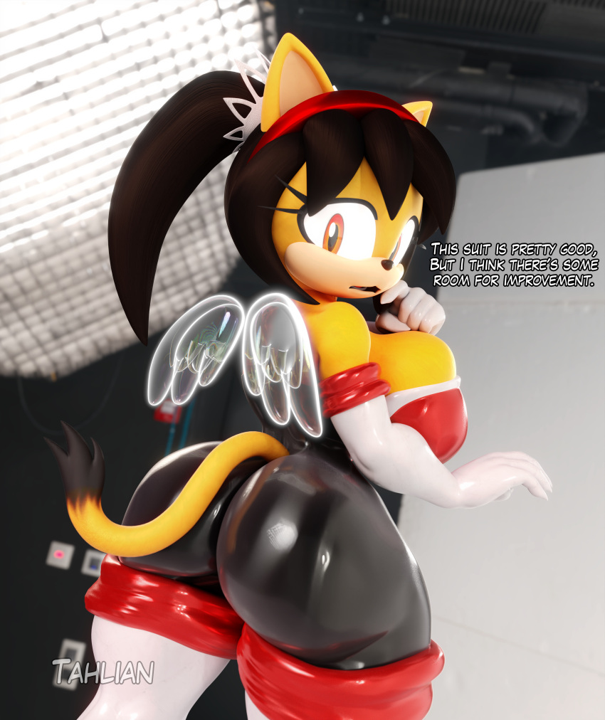 3d_(artwork) absurd_res anthro big_breasts big_butt black_hair blender_(software) breasts bursting_breasts butt cat_tail clothing curvy_figure digital_media_(artwork) domestic_cat felid feline felis female fur gloves glowing glowing_wings hair handwear hi_res honey_the_cat huge_breasts latex looking_back mammal sega short_stack solo sonic_the_fighters sonic_the_hedgehog_(series) tahlian text thick_thighs twintails_(hairstyle) video_games voluptuous wide_hips wings yellow_body yellow_fur