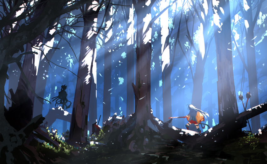 2girls absurdres blood blood_on_weapon dappled_sunlight day fallen_tree flat_color forest highres holding holding_sword holding_weapon light_rays long_hair multiple_girls nature on_tree outdoors pixiv_fantasia pixiv_fantasia_t realmbw scenery severed_head silhouette standing sunbeam sunlight sword tree weapon