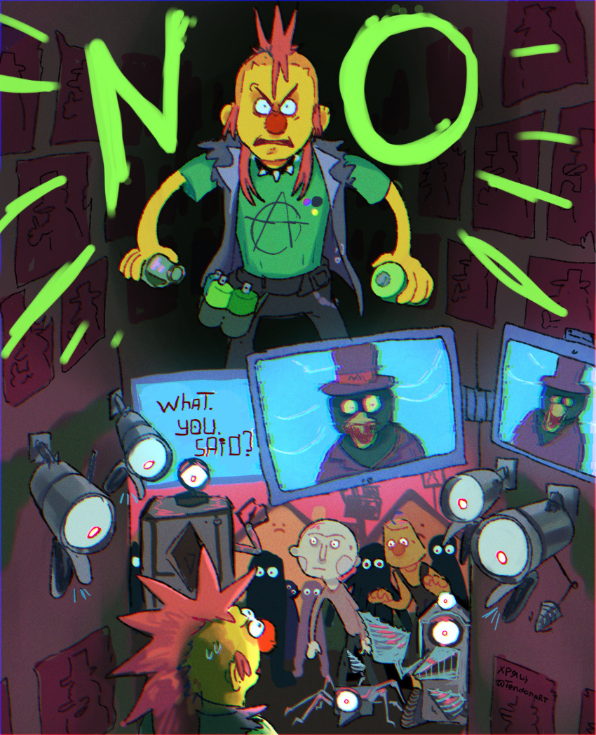 ambiguous_gender anthro avian beak big_ian bird clothing collar comic crowd detailed_background don't_hug_me_i'm_scared duck_guy_(dhmis) group hat headgear headwear hi_res human humanoid living_machine machine mammal mohawk monitor not_furry_focus poster punk shirt shy_imaginary_older_brother spiked_collar spikes t-shirt tendonart top_hat topwear vest wakey_wakey_pilot yellow_guy_(dhmis)