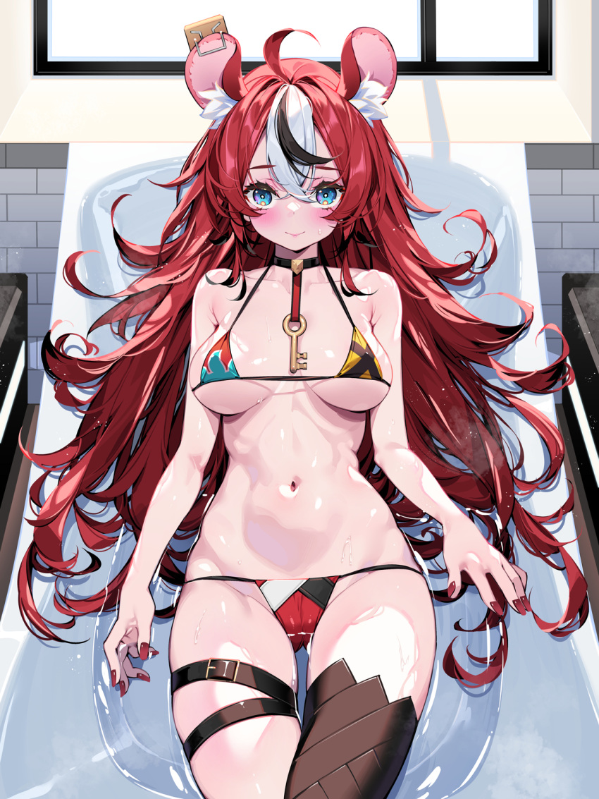 1girl animal_ear_fluff animal_ears bathtub bikini black_hair blue_eyes breasts brown_thighhighs closed_mouth collarbone hair_between_eyes hakos_baelz highres hololive hololive_english large_breasts long_hair looking_at_viewer lying mismatched_bikini mouse_ears mouse_girl multicolored_bikini multicolored_clothes navel on_back red_hair single_thighhigh smile solo swimsuit thighhighs virtual_youtuber water waterring white_hair