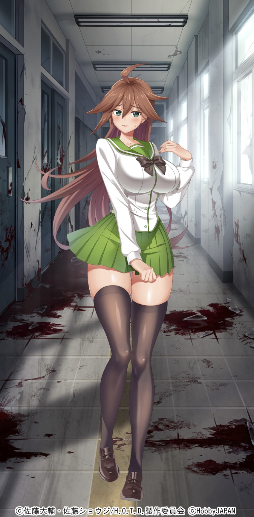 1girl ahoge aqua_eyes black_footwear black_necktie black_thighhighs blood blood_on_ground blood_on_wall blush breasts brown_hair closed_mouth copyright_notice day fujimi_high_school_uniform full_body green_skirt hair_between_eyes highres highschool_of_the_dead indoors lamp large_breasts long_hair long_sleeves miniskirt necktie nyx_(queen's_blade) official_art pleated_skirt queen's_blade queen's_blade_limit_break school school_uniform shirt shoes skirt solo standing straight_hair sunlight thighhighs thighs very_long_hair white_shirt window zettai_ryouiki
