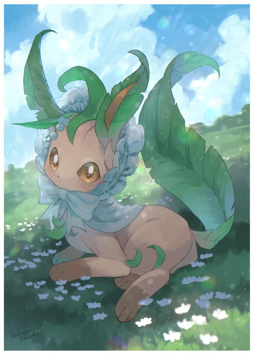 border brown_eyes cloud commentary_request day flower grass highres kikuyoshi_(tracco) leafeon lying no_humans outdoors pokemon pokemon_(creature) signature sky solo white_border white_flower