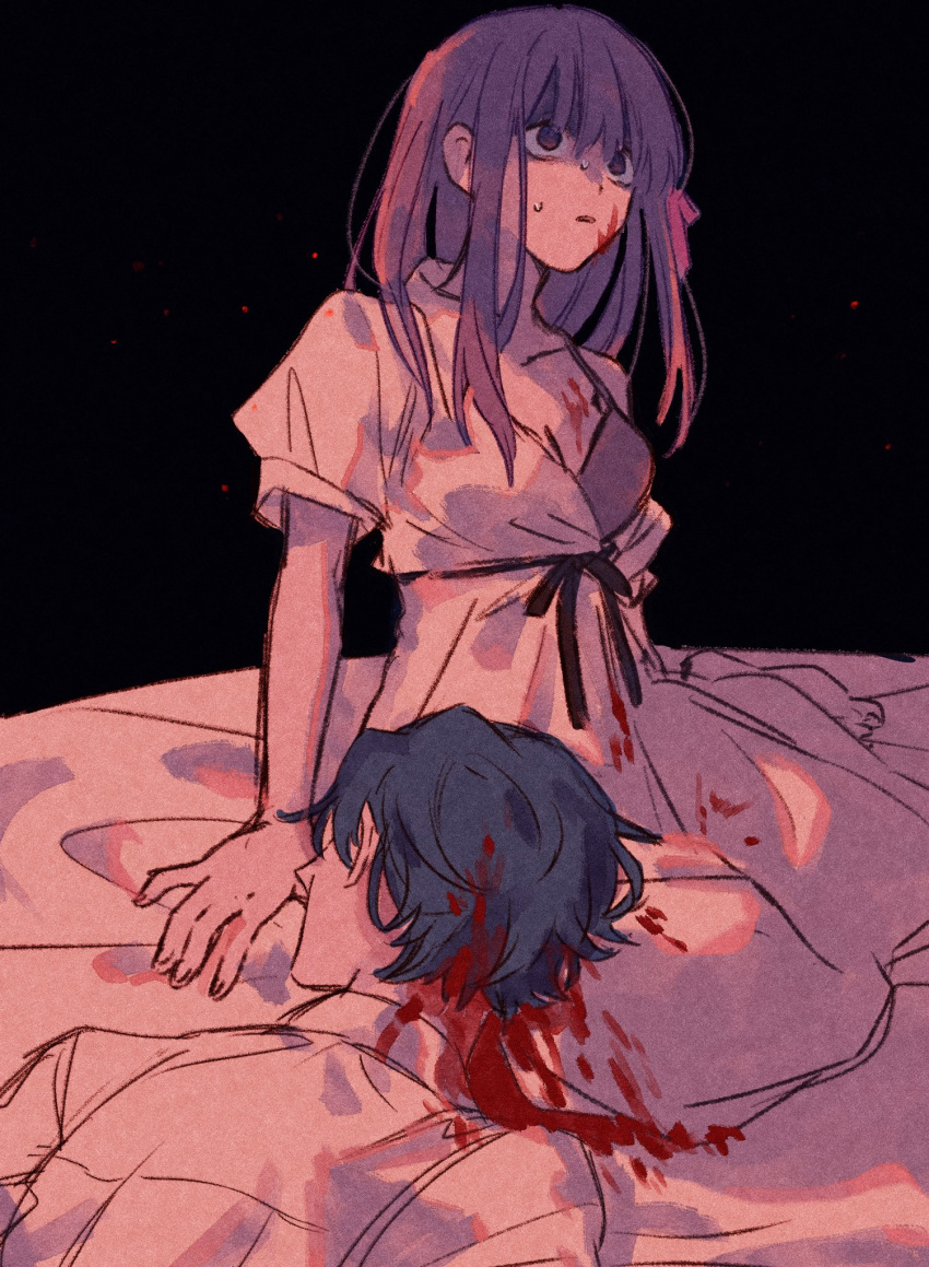 1boy 1girl black_background bleeding blood blood_on_clothes blood_on_dress blood_on_face blue_hair bra breasts cleavage commentary_request corpse dress fate/stay_night fate_(series) full_body hair_ribbon heaven's_feel highres long_hair machi_(uqyjee) matou_sakura matou_shinji off_shoulder parted_lips pink_ribbon purple_bra purple_eyes purple_hair ribbon shirt short_hair short_sleeves sidelocks simple_background spoilers sweat underwear upper_body white_dress white_shirt wide-eyed