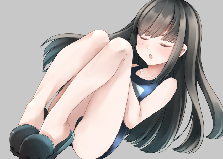 1girl asashio_(kancolle) bare_arms bare_legs bare_shoulders black_hair blue_one-piece_swimsuit blush closed_eyes collarbone comah full_body grey_background kantai_collection long_hair one-piece_swimsuit open_mouth school_swimsuit simple_background slippers solo swimsuit