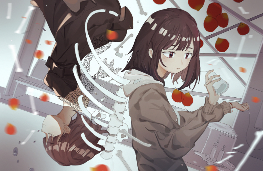 2girls black_dress blood brown_eyes brown_hair brown_jacket closed_eyes commentary_request cup dress falling_petals highres holding holding_cup hood hoodie jacket long_hair long_sleeves mole mole_under_eye multiple_girls otome_kaibou_(vocaloid) parted_lips petals reset self-harm short_hair skeleton smile string_phone upper_body upside-down vocaloid white_hoodie wrist_cutting