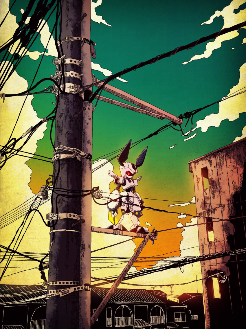 antennae arm_blade arms_at_sides building claw_(weapon) cloud commentary_request green_sky highres house humanoid_robot mecha medarot multicolored_sky no_humans orange_sky outdoors power_lines red_eyes robot rokusho_(medarot) sky solo standing ten_(prop03) utility_pole weapon