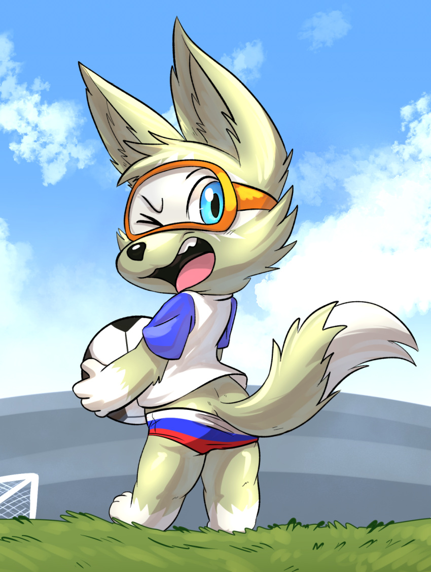 ball blue_eyes butt canid canine canis clothing eyewear fifa hi_res lkiws male mammal mascot one_eye_closed russian_flag soccer_ball solo underwear wink wolf zabivaka