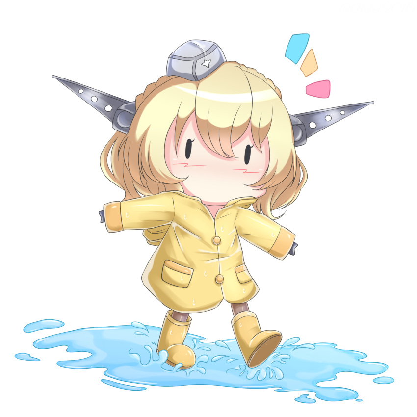 1girl blonde_hair boots chibi colorado_(kancolle) garrison_cap hat highres kantai_collection mast no_mouth puddle raincoat riretsuto rubber_boots short_hair simple_background solid_eyes walking walking_on_liquid yellow_footwear yellow_raincoat |_|