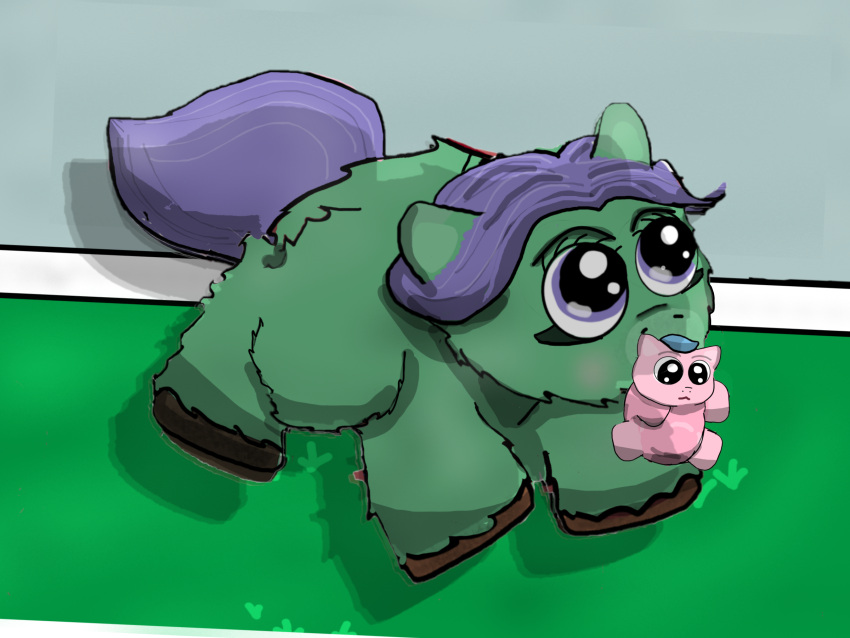 ambiguous_gender blue_hair duo female feral fluffy_pony fluffy_pony_(species) fur green_body green_fur hair hi_res mammal othercoraline pink_body pink_fur purple_eyes purple_hair running shadow textless