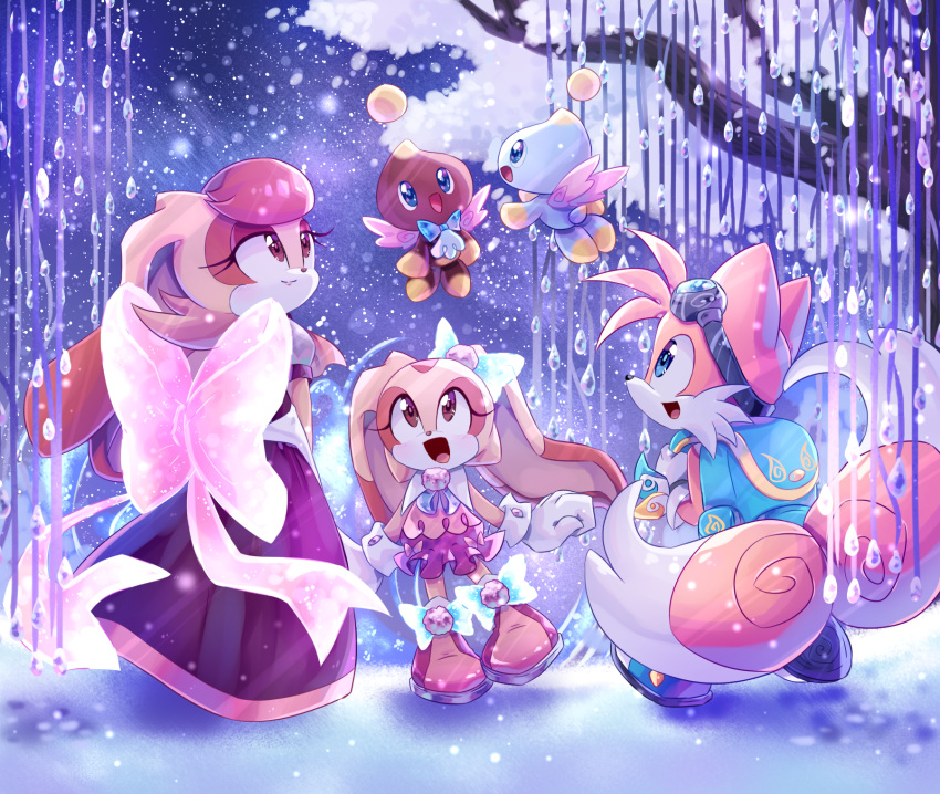 1boy 2girls backpack bag bow chao_(sonic) cheese_(sonic) cream_the_rabbit dress gloves goggles goggles_on_head highres multiple_girls open_mouth snow sonic_(series) tails_(sonic) vanilla_the_rabbit white_gloves y-firestar