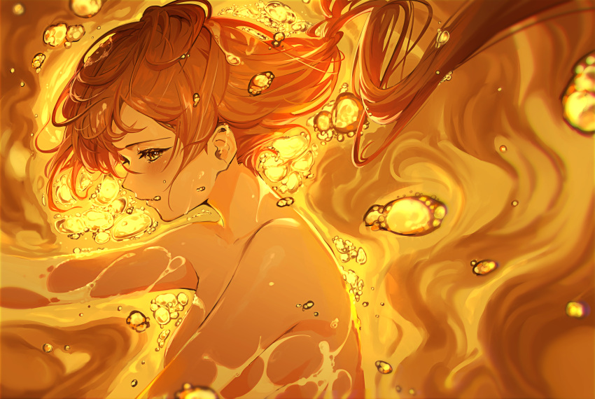 1girl absurdres air_bubble blush bubble crying crying_with_eyes_open english_commentary highres long_hair looking_down nemoto_yuuma nude original partially_submerged sad solo tagme tears underwater upper_body yellow_eyes yellow_theme