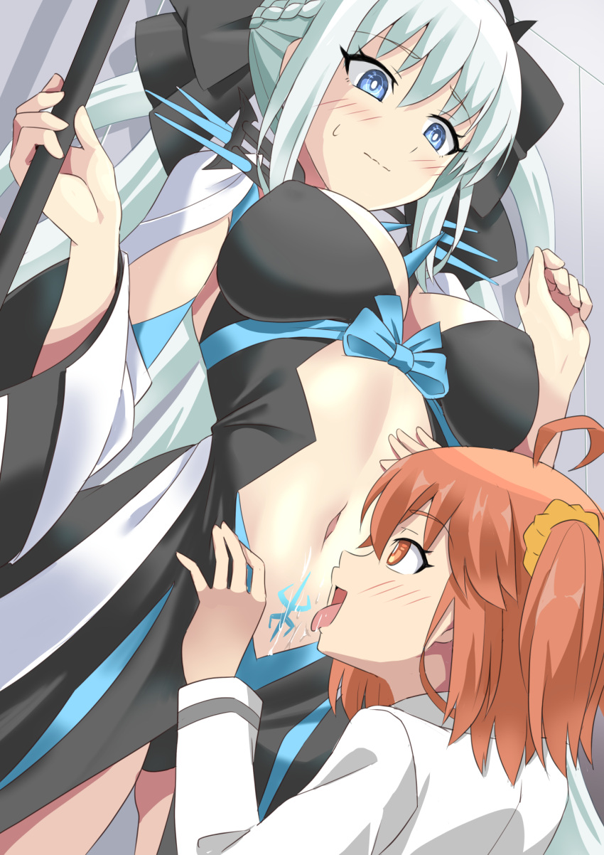 2girls ahoge black_dress black_ribbon blue_eyes breasts commentary_request dress fate/grand_order fate_(series) fujimaru_ritsuka_(female) hair_ornament hair_ribbon hair_scrunchie highres licking licking_navel linea_alba looking_down medium_breasts morgan_le_fay_(fate) multiple_girls navel one_side_up orange_eyes orange_hair ribbon scrunchie shimouki_izui white_hair yellow_scrunchie yuri