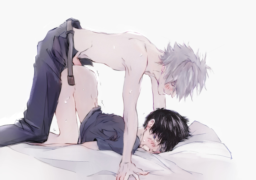 2boys absurdres back belt black_hair blue_eyes blush chiekooda0810 grey_hair highres ikari_shinji implied_anal multiple_boys nagisa_kaworu neon_genesis_evangelion pants penis sex sex_from_behind simple_background white_background yaoi