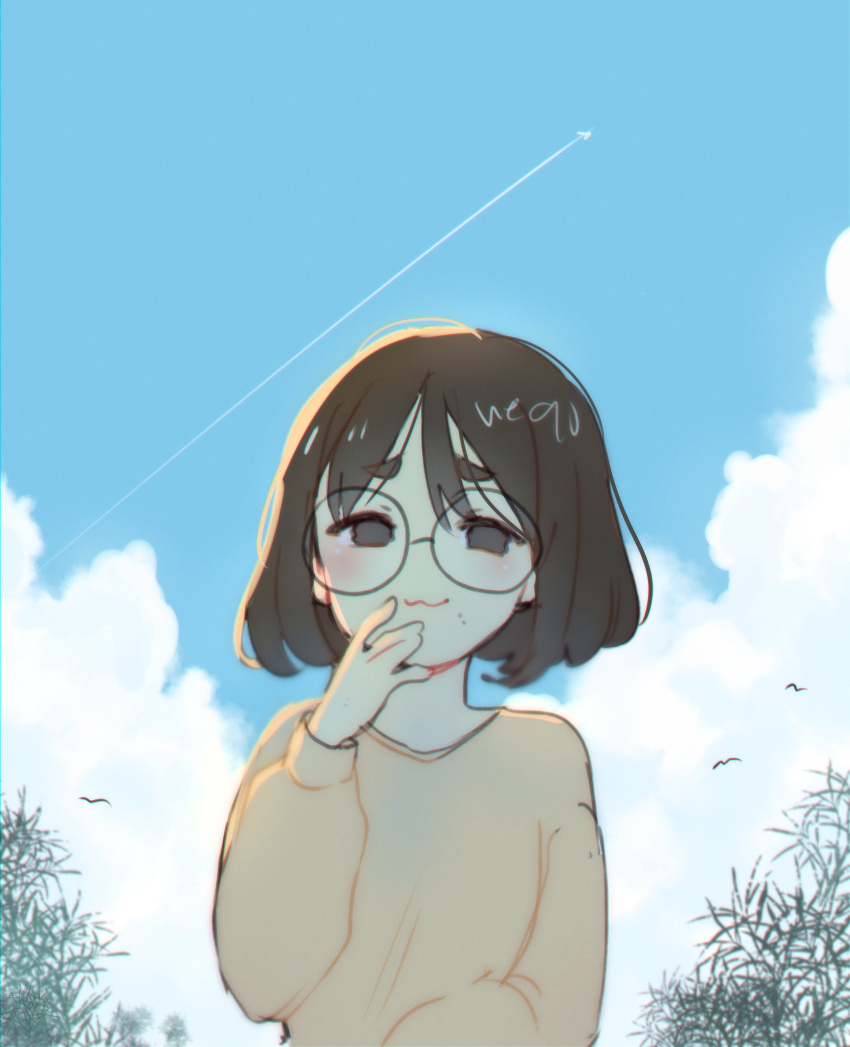 1girl :3 absurdres aircraft airplane artist_self-insert blue_sky brown_eyes brown_hair cloud commentary commentary_request glasses highres jet medium_hair mole mole_under_mouth neqo_(neneneqo) original round_eyewear simple_bird sky solo sweater symbol-only_commentary underwear upper_body yellow_sweater