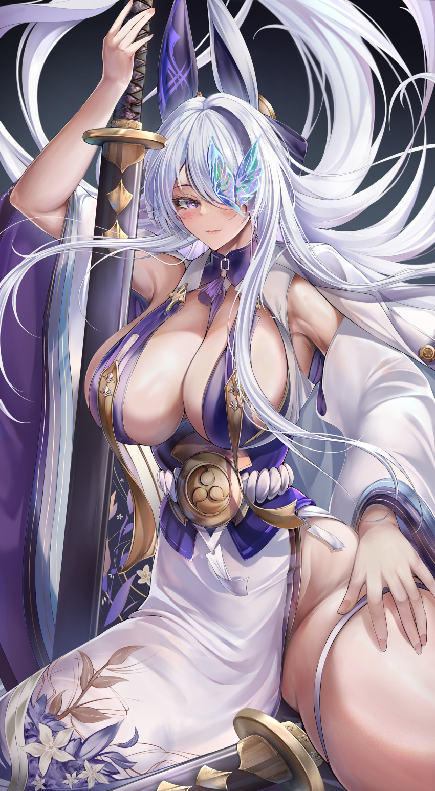 1girl absurdres azur_lane blush breasts butterfly_over_eye cleavage hair_over_one_eye highres holding holding_sword holding_weapon japanese_clothes large_breasts long_hair looking_at_viewer multicolored_hair purple_eyes shiroyuki_(shiroyuki003) solo streaked_hair sword thigh_strap thighs tomoe_(symbol) unzen_(azur_lane) very_long_hair weapon white_hair