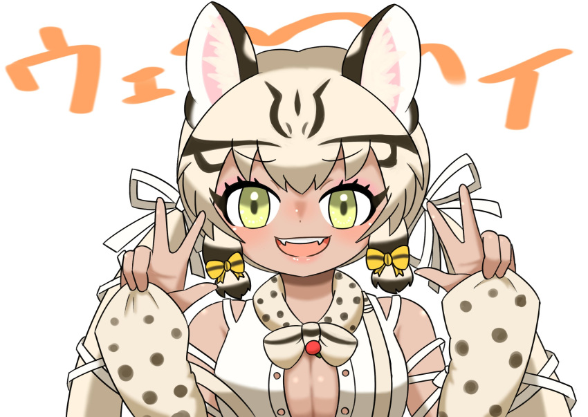 1girl animal_ears bow bowtie breasts cacaocreate cat_ears cat_girl extra_ears geoffroy's_cat_(kemono_friends) green_eyes grey_hair highres kemono_friends kemono_friends_v_project large_breasts long_hair looking_at_viewer microphone ribbon shirt simple_background solo suspenders twintails upper_body virtual_youtuber