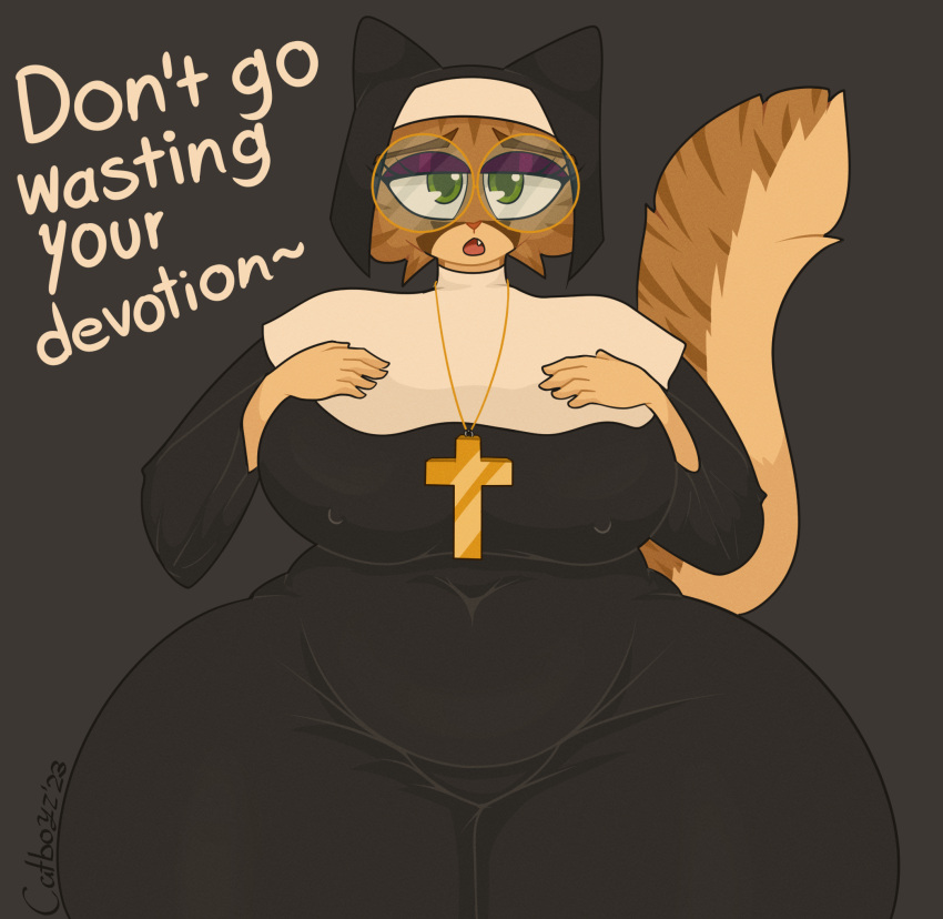 anthro belly big_breasts breasts catboyz clothed clothing digital_media_(artwork) domestic_cat english_text eyewear felid feline felis female hi_res huge_hips huge_thighs mammal mika_(catboyz) nun nun_outfit open_mouth overweight overweight_female siberian_cat simple_background solo text thick_thighs