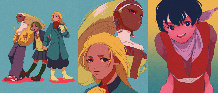 3girls 4.5j absurdres black_hair blonde_hair breasts brown_hair character_request closed_mouth dark-skinned_female dark_skin earrings gensou_suikoden gensou_suikoden_ii highres jewelry kasumi_(suikoden) long_hair looking_at_viewer multiple_girls nanami_(suikoden) open_mouth school_uniform short_hair simple_background skirt smile teeth upper_teeth_only