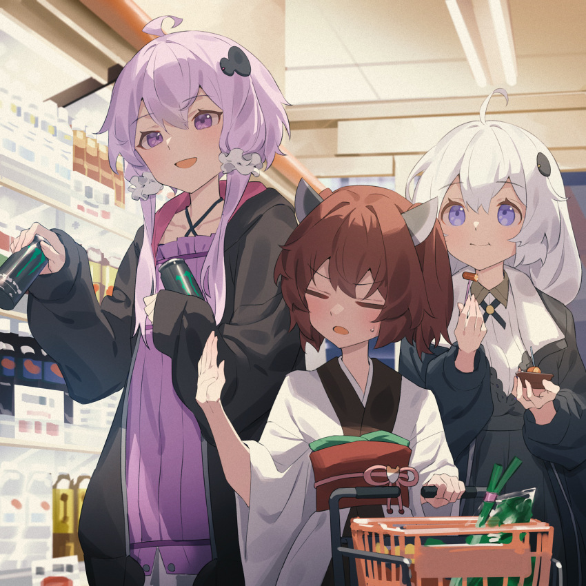 3girls ahoge black_jacket blue_eyes blush brown_hair can closed_eyes closed_mouth criss-cross_halter dress eating food grey_dress hair_between_eyes hair_ornament halter_dress halterneck headgear highres holding holding_can indoors jacket japanese_clothes kimono kizuna_akari long_hair long_sleeves monster_energy multiple_girls obi open_clothes open_jacket open_mouth purple_dress purple_eyes purple_hair sash shopping shopping_cart short_hair_with_long_locks sidelocks smile spring_onion touhoku_kiritan vegetable voiceroid white_hair white_kimono wide_sleeves yamamomo_(plank) yuzuki_yukari