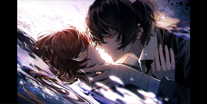 2boys absurdres bad_hands bandaged_hand bandaged_head bandages baocaizi black_hair blue_eyes bungou_stray_dogs collared_shirt dazai_osamu_(bungou_stray_dogs) hair_between_eyes highres imminent_kiss in_water looking_at_another male_focus multiple_boys nakahara_chuuya open_mouth orange_hair red_eyes shirt short_hair white_shirt yaoi