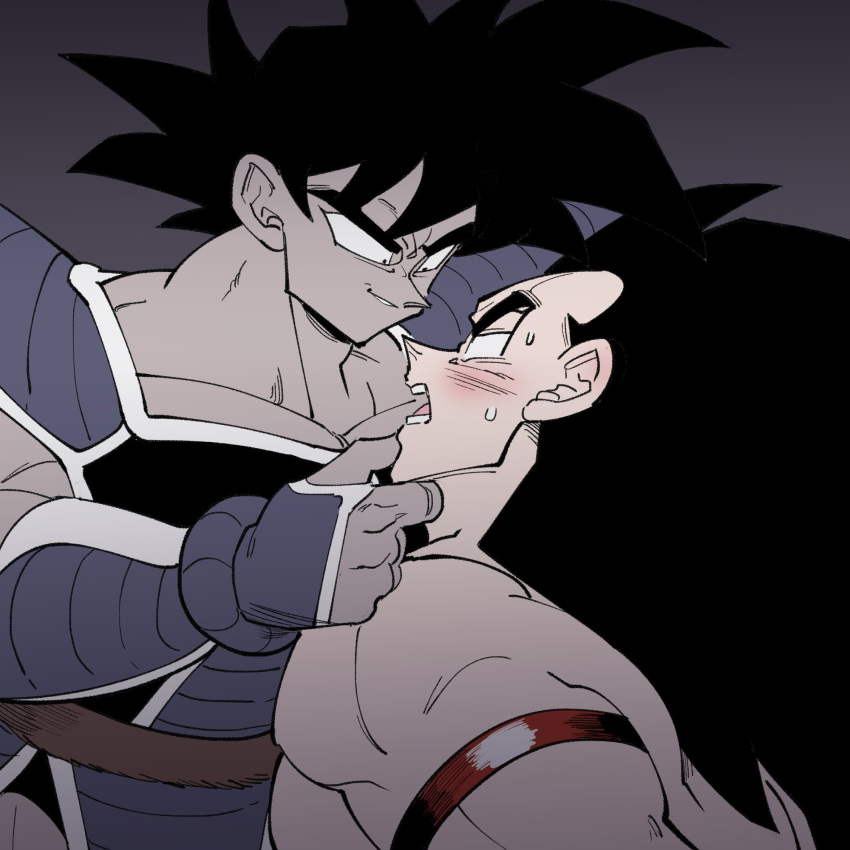 2boys armlet bara couple dark-skinned_male dark_skin dot_pupils dragon_ball dragon_ball_z eye_contact flustered grabbing_another's_chin half-closed_eyes hand_on_another's_chin highres imminent_kiss looking_at_another male_focus mature_male multiple_boys muscular muscular_male nude pectorals raditz receding_hairline saiyan_armor short_hair smirk spiked_hair tullece upper_body v-shaped_eyebrows yaoi yoram_(yoram551)