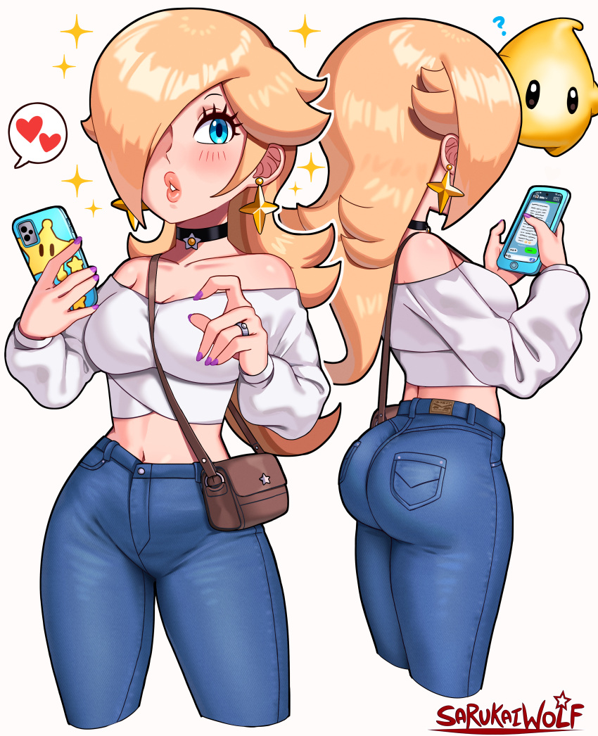 1girl absurdres alternate_costume artist_name ass bare_shoulders blonde_hair blue_eyes blue_pants blush breasts casual cellphone choker contemporary crop_top cropped_legs crown denim earrings hair_over_one_eye heart highres holding holding_phone iphone jeans jewelry long_hair looking_at_viewer luma_(mario) mario_(series) midriff multiple_views navel off-shoulder_shirt off_shoulder pants phone puffy_sleeves purple_nails rosalina sarukaiwolf shirt smartphone smartphone_case solo spoken_heart star_(symbol) star_earrings super_mario_bros._1 super_mario_galaxy turnaround