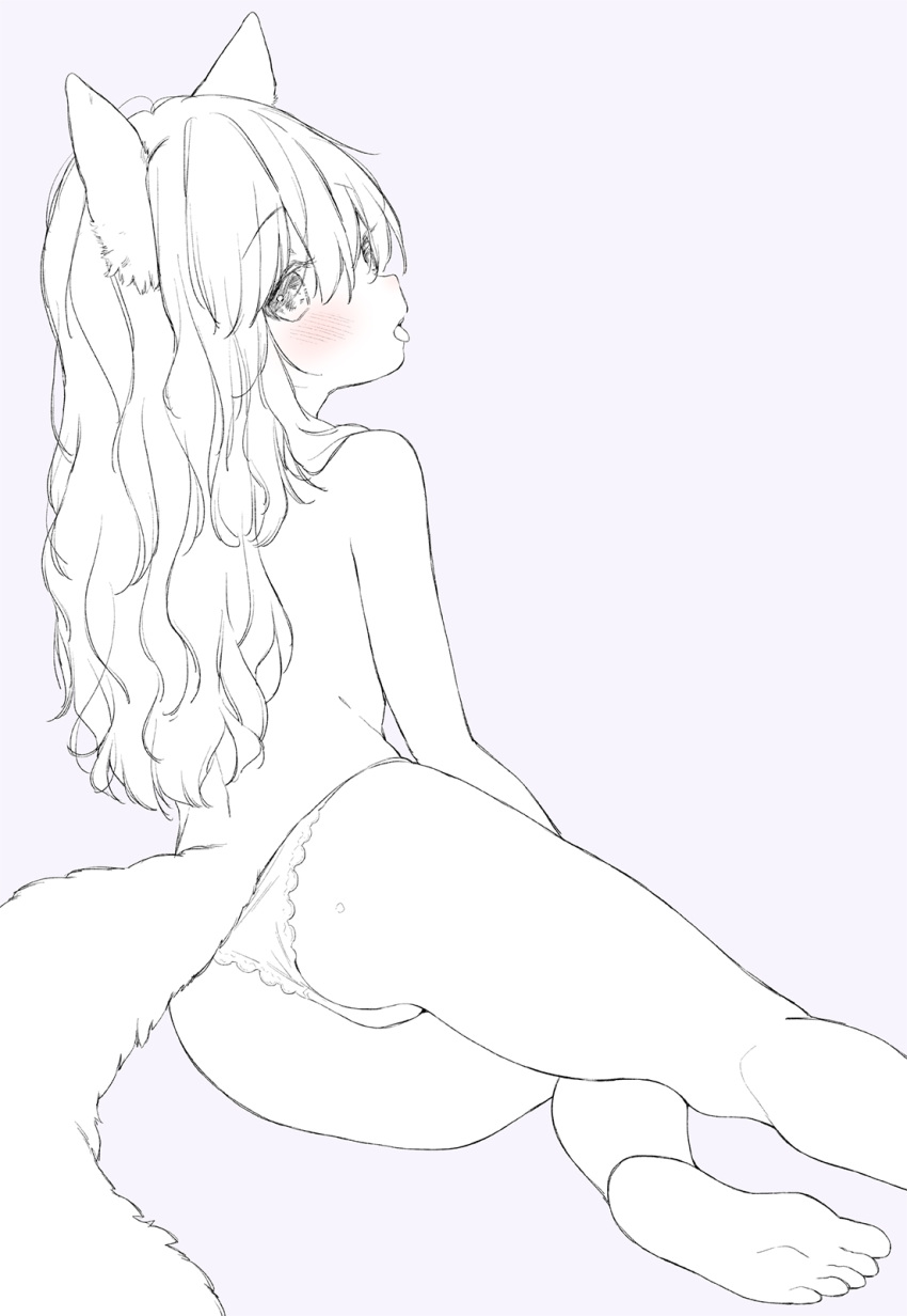 1girl animal_ears ass barefoot blush foot_out_of_frame fox_ears fox_tail from_behind highres long_hair looking_at_viewer monochrome mutou_mato open_mouth original panties simple_background sitting sketch soles solo tail tongue tongue_out topless underwear