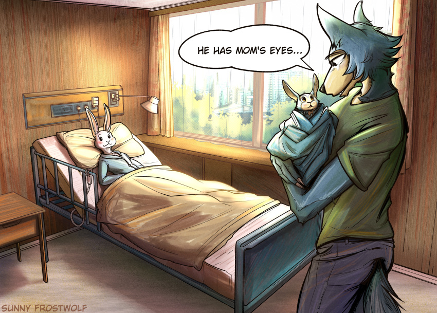absurd_res anthro baby beastars bed bodily_fluids canid canine canis claws colored daww domestic_rabbit dwarf_rabbit english_text fan_character father_(lore) father_and_child_(lore) father_and_son_(lore) female furniture group haru_(beastars) hi_res hospital hospital_bed hybrid lagomorph lee_(greatlizardwizard) legoshi's_chimera_(beastars) legoshi_(beastars) leporid long_ears male mammal mother_(lore) mother_and_child_(lore) mother_and_son_(lore) newborn oryctolagus parent_(lore) parent_and_child_(lore) parent_and_son_(lore) rabbit smile son_(lore) speech_bubble sunny_frostwolf tail tears text trio window wolf young