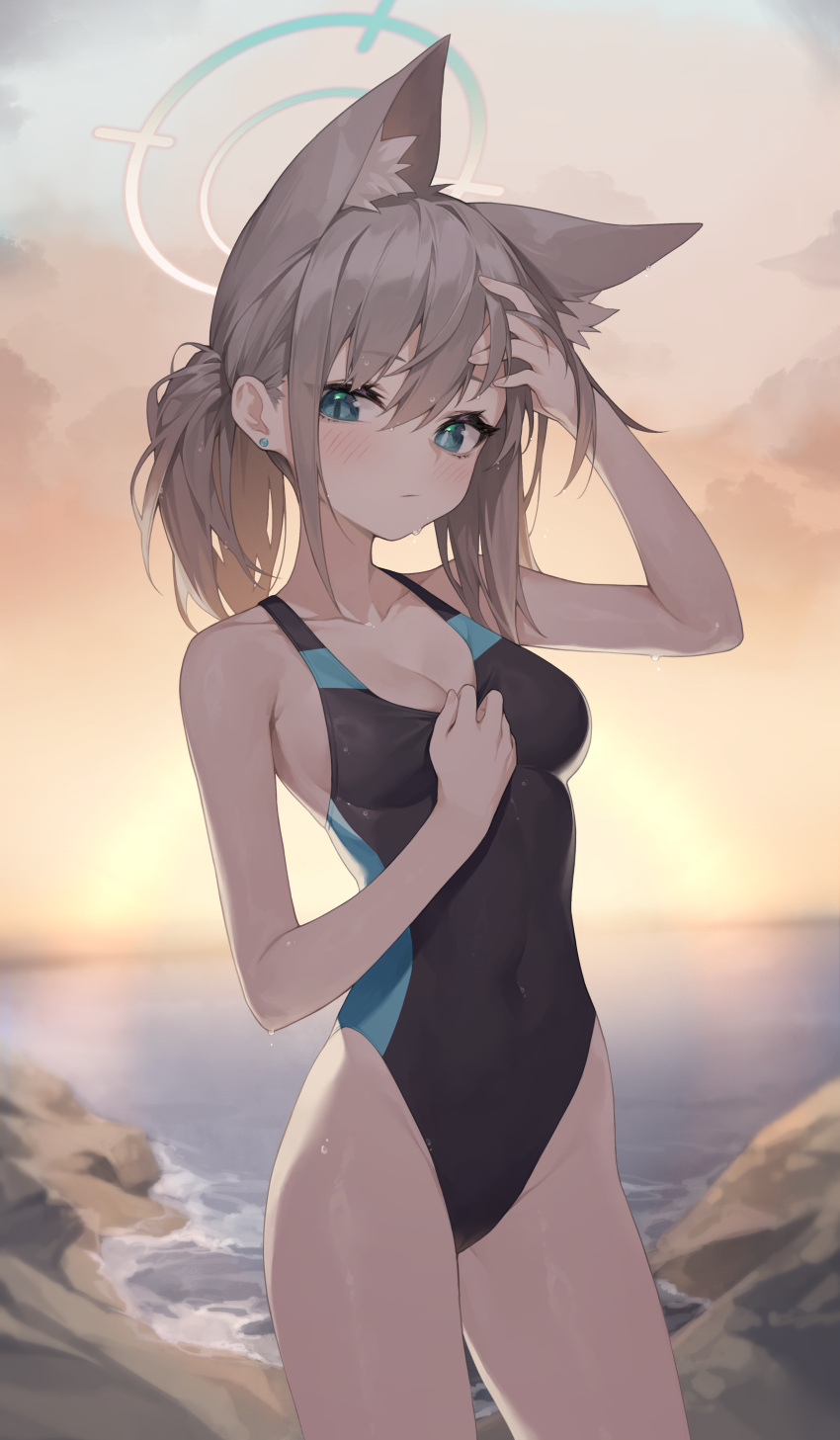 1girl absurdres animal_ear_fluff animal_ears arms_behind_head black_one-piece_swimsuit blue_archive blue_eyes breasts cleavage commentary_request competition_swimsuit contrapposto covered_navel cross_hair_ornament extra_ears grey_hair hair_ornament halo highres horizon low_ponytail medium_breasts medium_hair mismatched_pupils mokew multicolored_clothes multicolored_swimsuit ocean official_alternate_costume one-piece_swimsuit rock shiroko_(blue_archive) shiroko_(swimsuit)_(blue_archive) solo sunset swimsuit wolf_ears