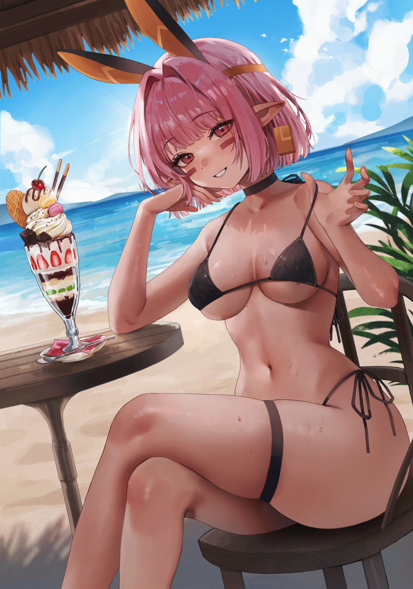 1girl absurdres beach bikini black_choker blush breasts choker collarbone commission copyright_request gompang_11 halterneck highres large_breasts looking_at_viewer navel pink_eyes pink_hair pointy_ears side-tie_bikini_bottom smile solo stomach strap_pull string_bikini swimsuit thigh_strap thighs