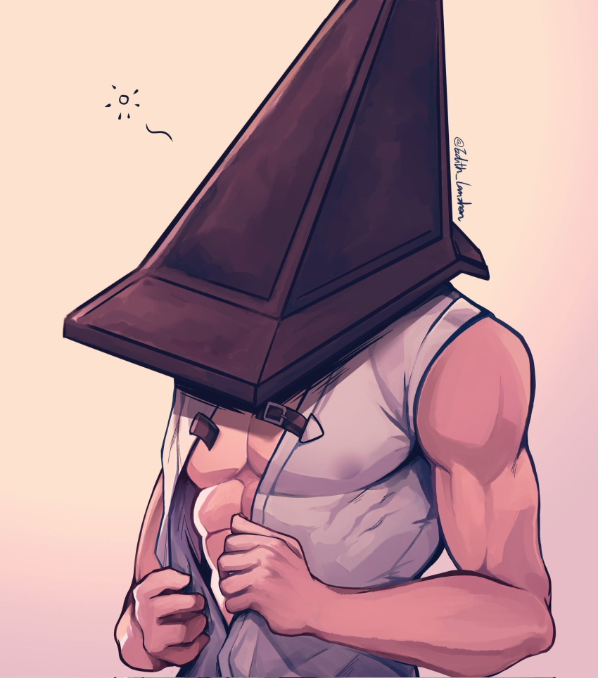 1boy abs bara covered_nipples edith_lanzhen helmet highres large_pectorals male_focus muscular muscular_male object_head open_clothes pectorals pyramid_head silent_hill_(series) silent_hill_2 simple_background solo twitter_username upper_body